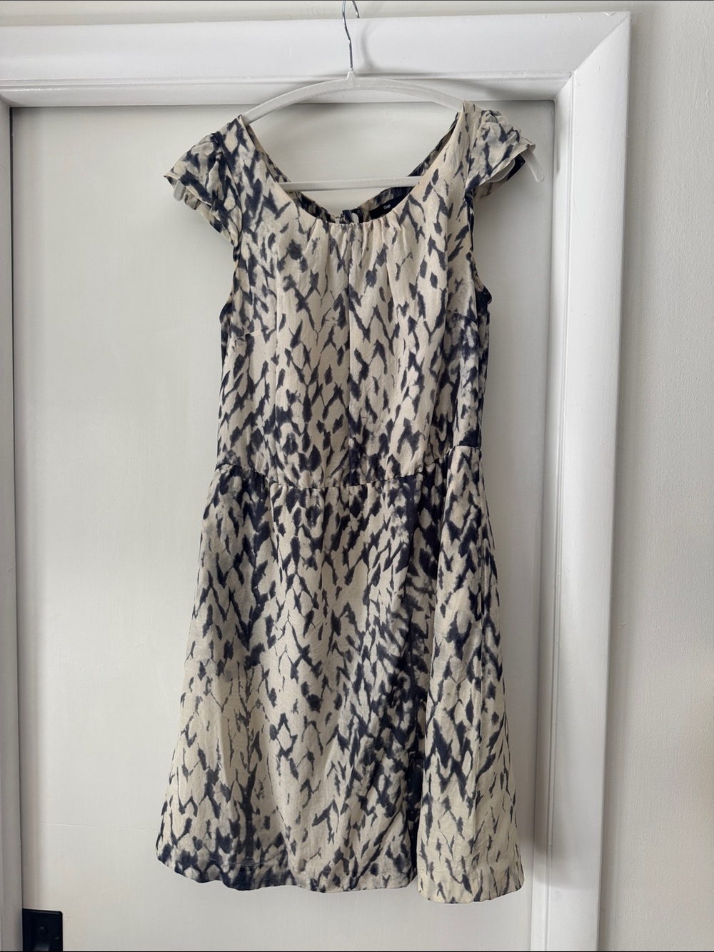 Cream and Navy Patterned Cap-Sleeve Dress